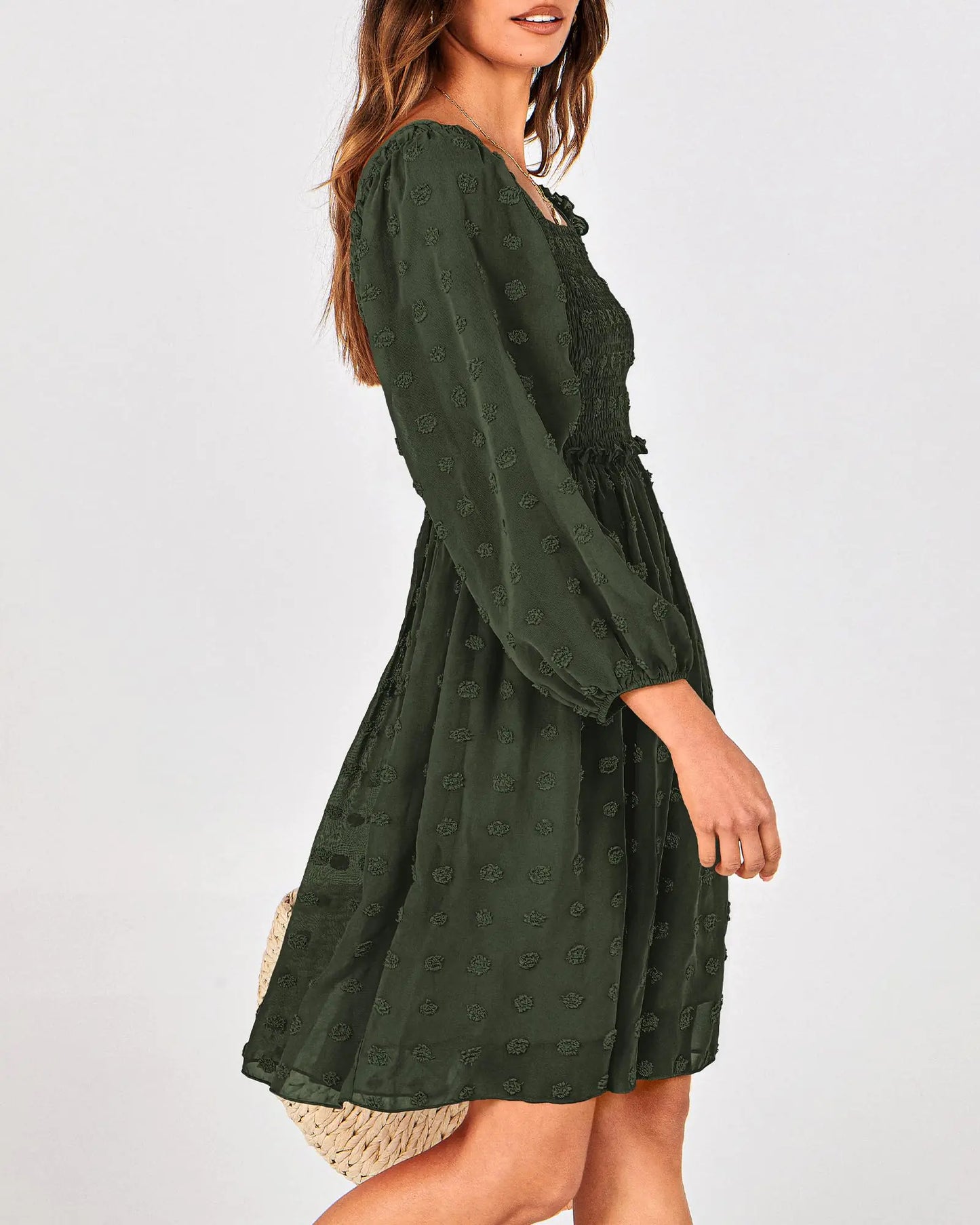 Long Sleeve Floral Swiss Dot Ruffle Party Mini Boho Dress Swiss Dot Army Green Small