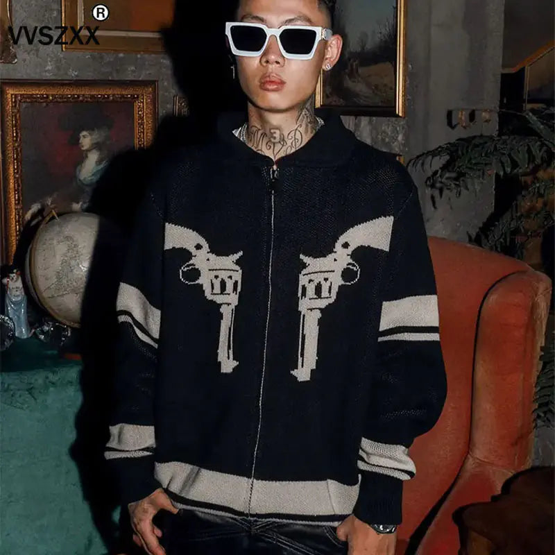 Vintage Printed Zipper Cardigan Sweater for Men