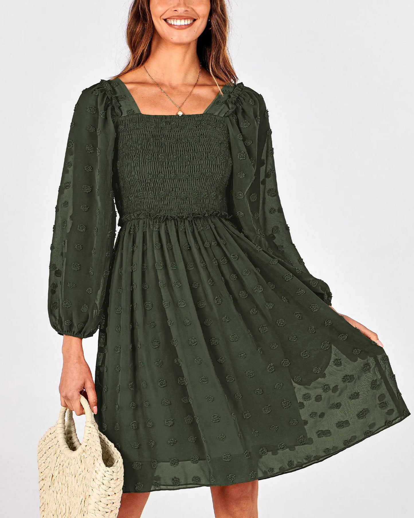 Long Sleeve Floral Swiss Dot Ruffle Party Mini Boho Dress Swiss Dot Army Green Small