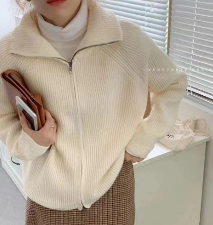 Lapel Zipper Cardigan Sweater for Women - Loose Knit