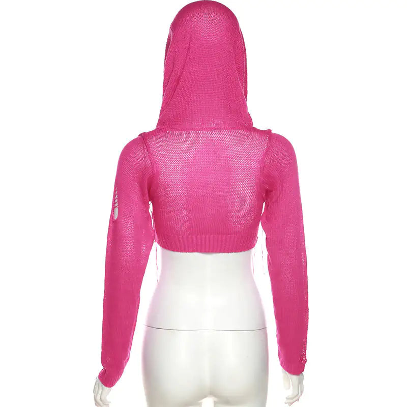 Out Hooded Crochet Knit Crop Top