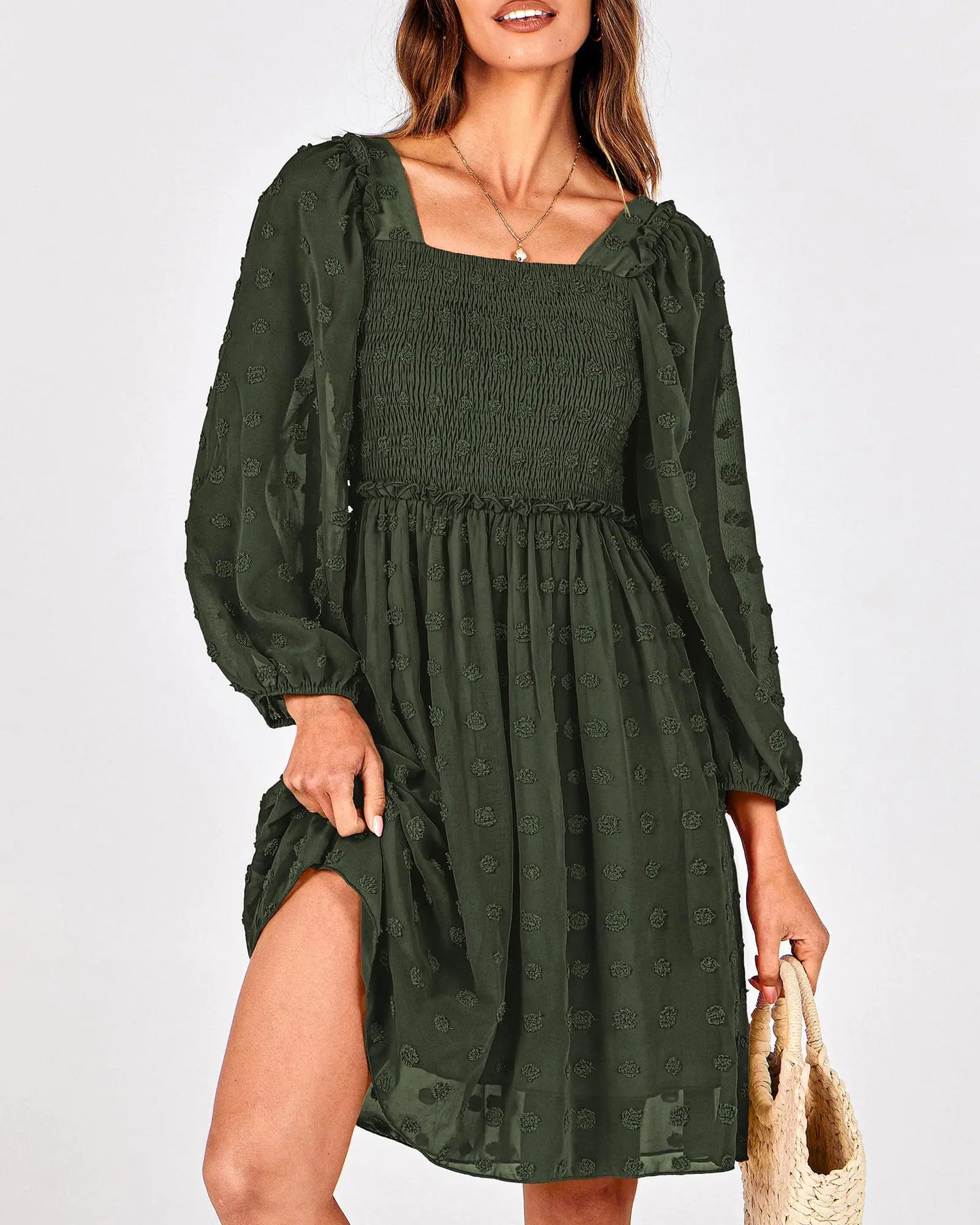 Long Sleeve Floral Swiss Dot Ruffle Party Mini Boho Dress Swiss Dot Army Green Small