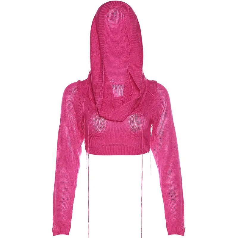 Out Hooded Crochet Knit Crop Top