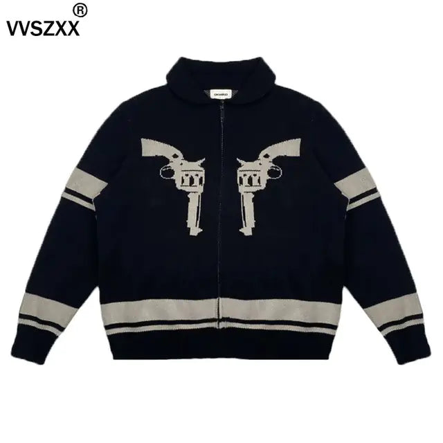 Vintage Printed Zipper Cardigan Sweater for Men