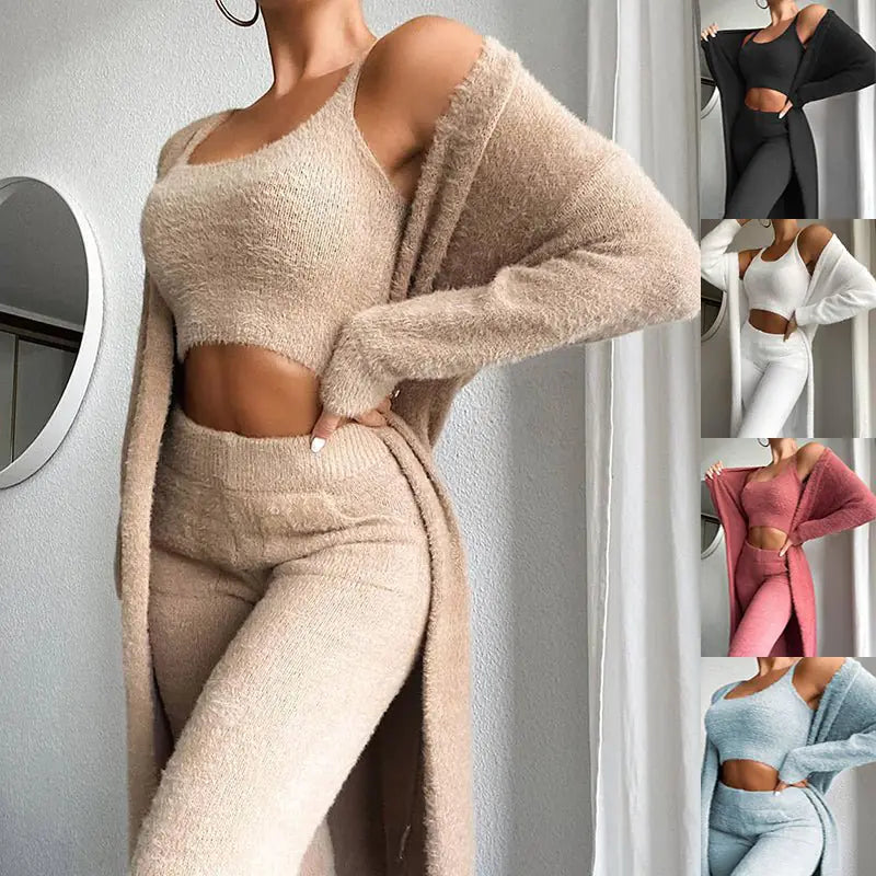 Womens Clothing Fashion Solid Fluffy Plain Crop Top & Skinny Pants