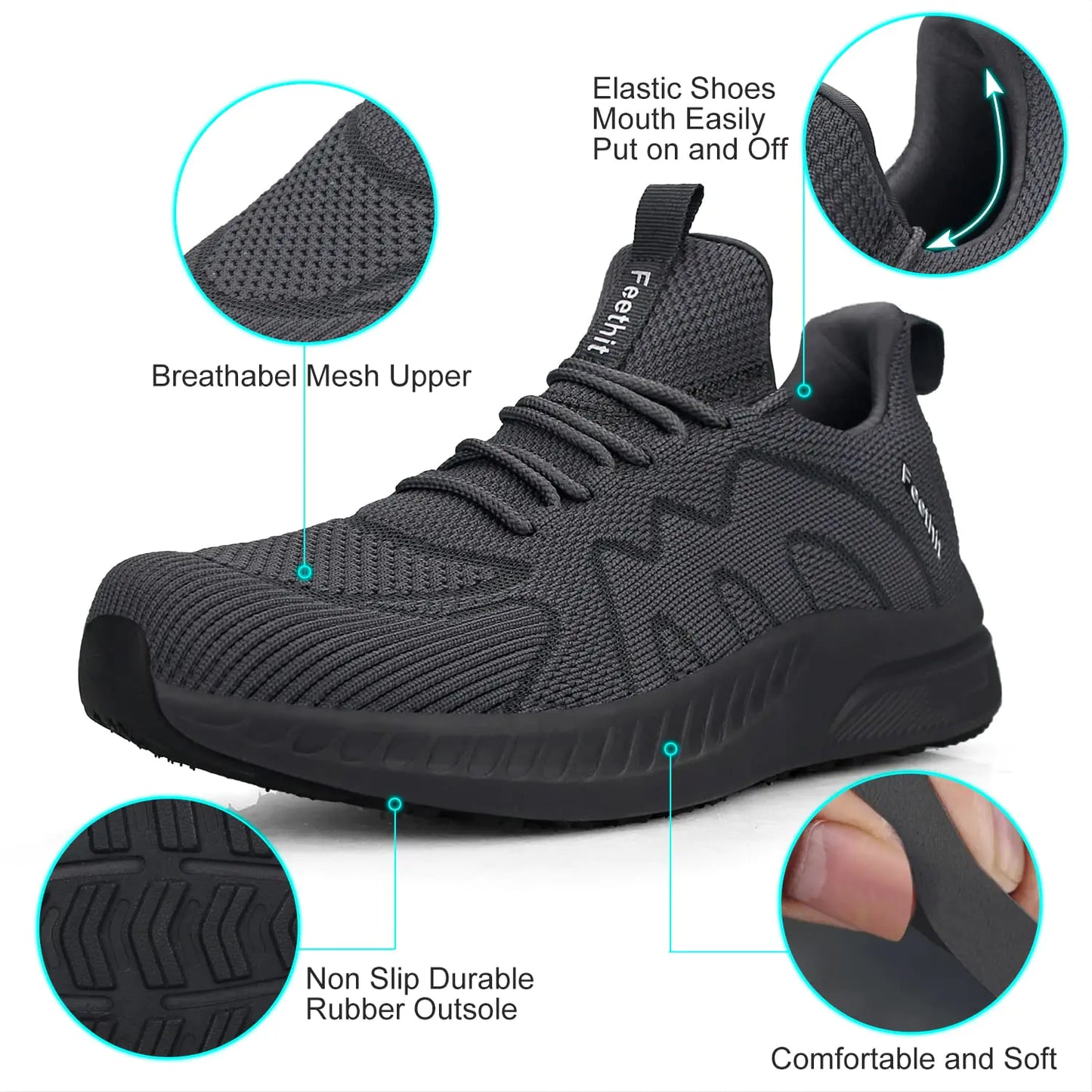 Feethit Mens Non Slip Walking Sneakers Lightweight Breathable Slip on Running Shoes Athletic Gym Tennis Shoes for Men 12 Dark Gray