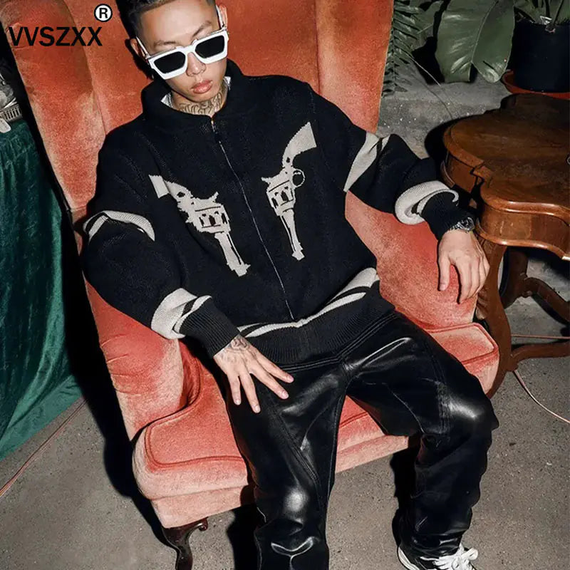 Vintage Printed Zipper Cardigan Sweater for Men