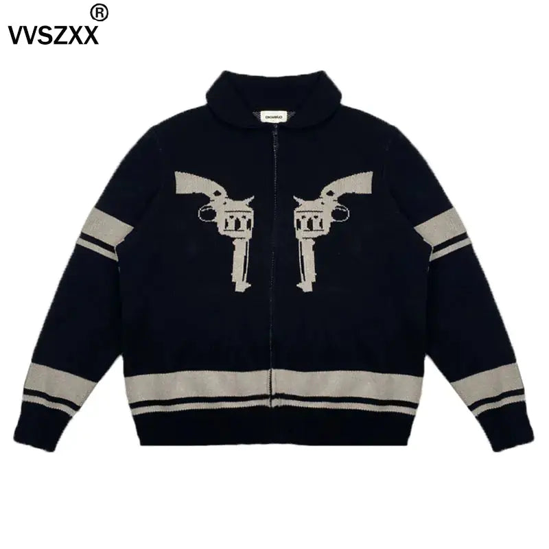 Vintage Printed Zipper Cardigan Sweater for Men