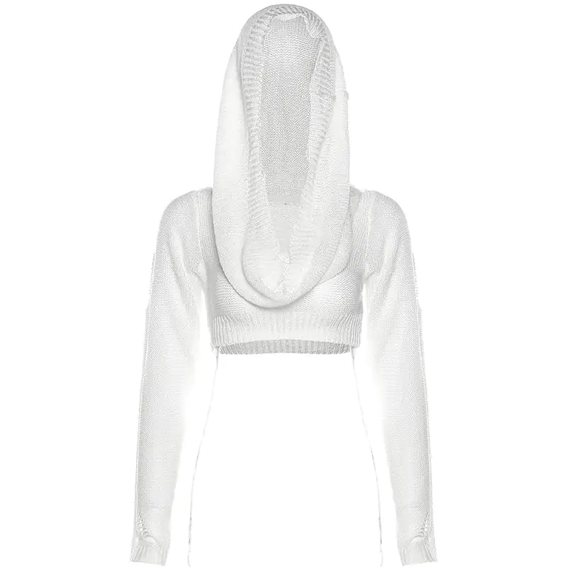 Out Hooded Crochet Knit Crop Top