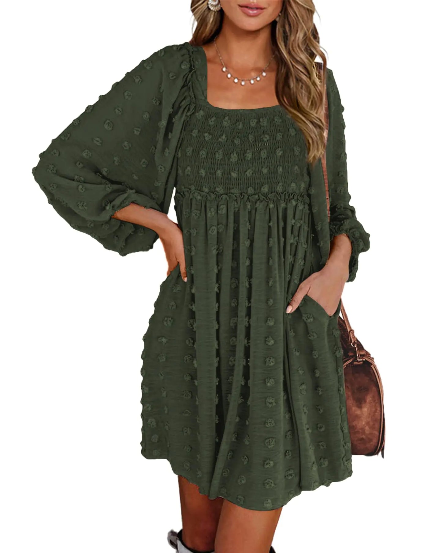 Long Sleeve Floral Swiss Dot Ruffle Party Mini Boho Dress Swiss Dot Army Green Small