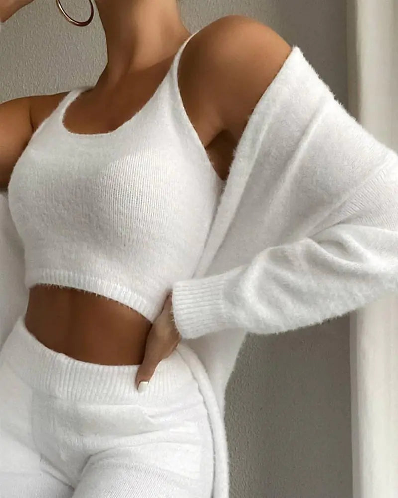 Womens Clothing Fashion Solid Fluffy Plain Crop Top & Skinny Pants