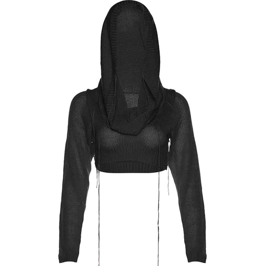 Out Hooded Crochet Knit Crop Top