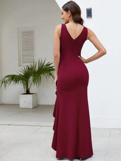 FQA Long Black Evening Gowns for Women Formal Dresses for Women Evening Party Elegant V Neck Sleeveless Split Wrap X-Large Winered