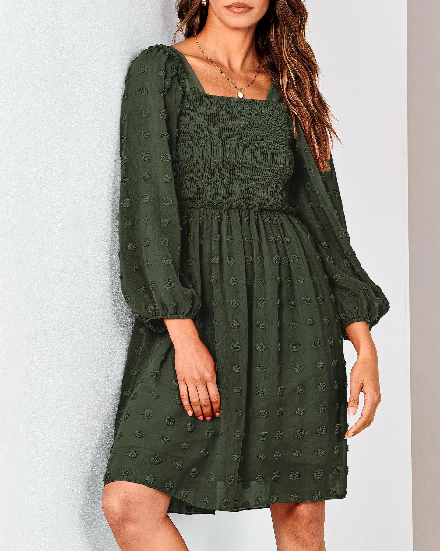 Long Sleeve Floral Swiss Dot Ruffle Party Mini Boho Dress Swiss Dot Army Green Small