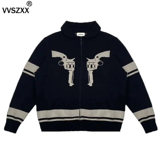 Vintage Printed Zipper Cardigan Sweater for Men