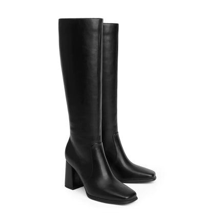 Modatope Knee High Boots Women Chunky Heel Square Toe Tall Boots for Women High Heel Side Zipper Long Boots 8 A-black