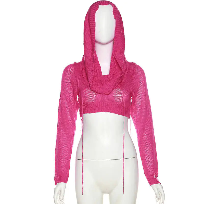 Out Hooded Crochet Knit Crop Top
