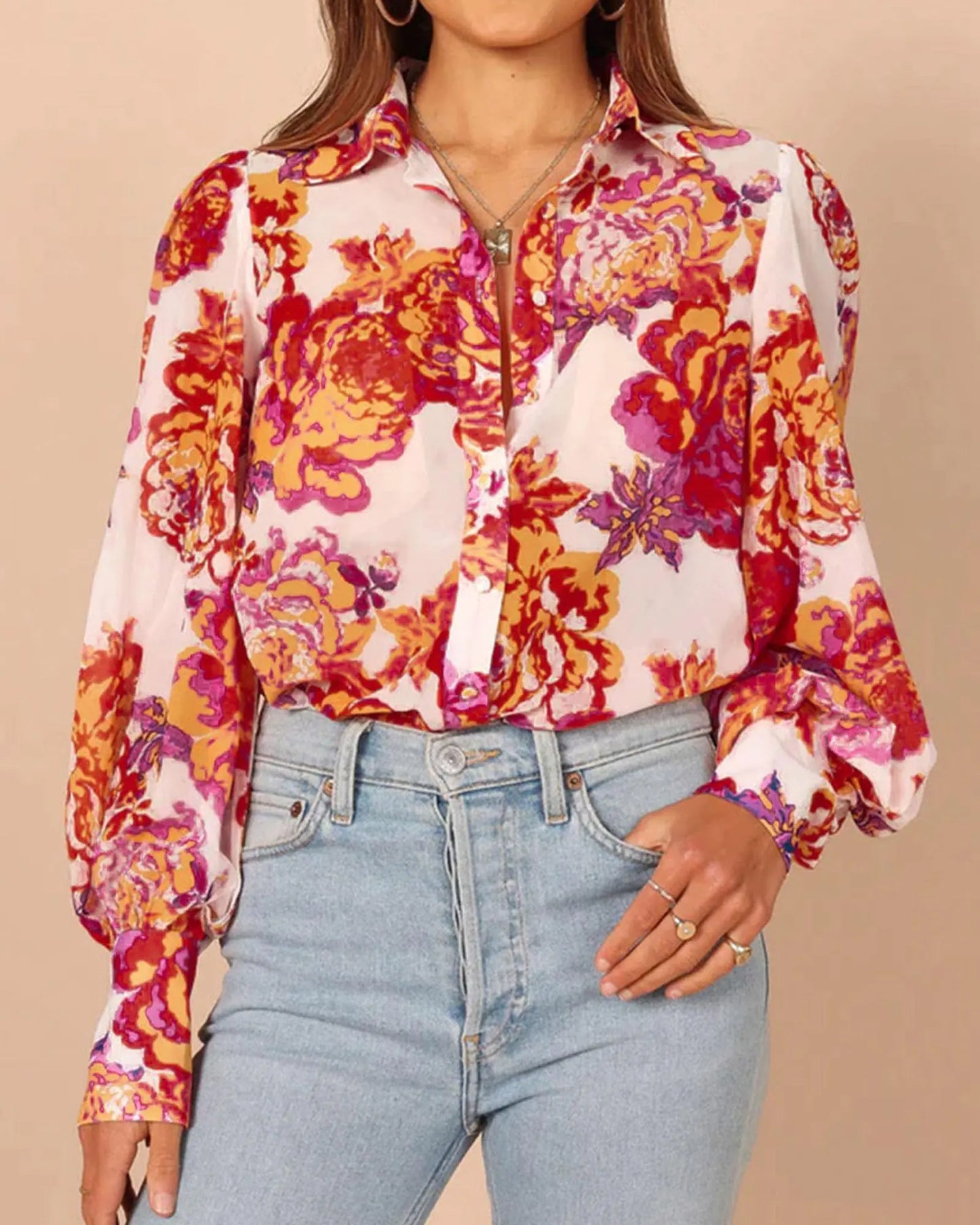 BTFBM Women Fashion Button Down Shirts Lapel V Neck Printed Solid Boho Long Sleeve Blouses Dressy Casual Summer Fall Top X-Large Floral White Red