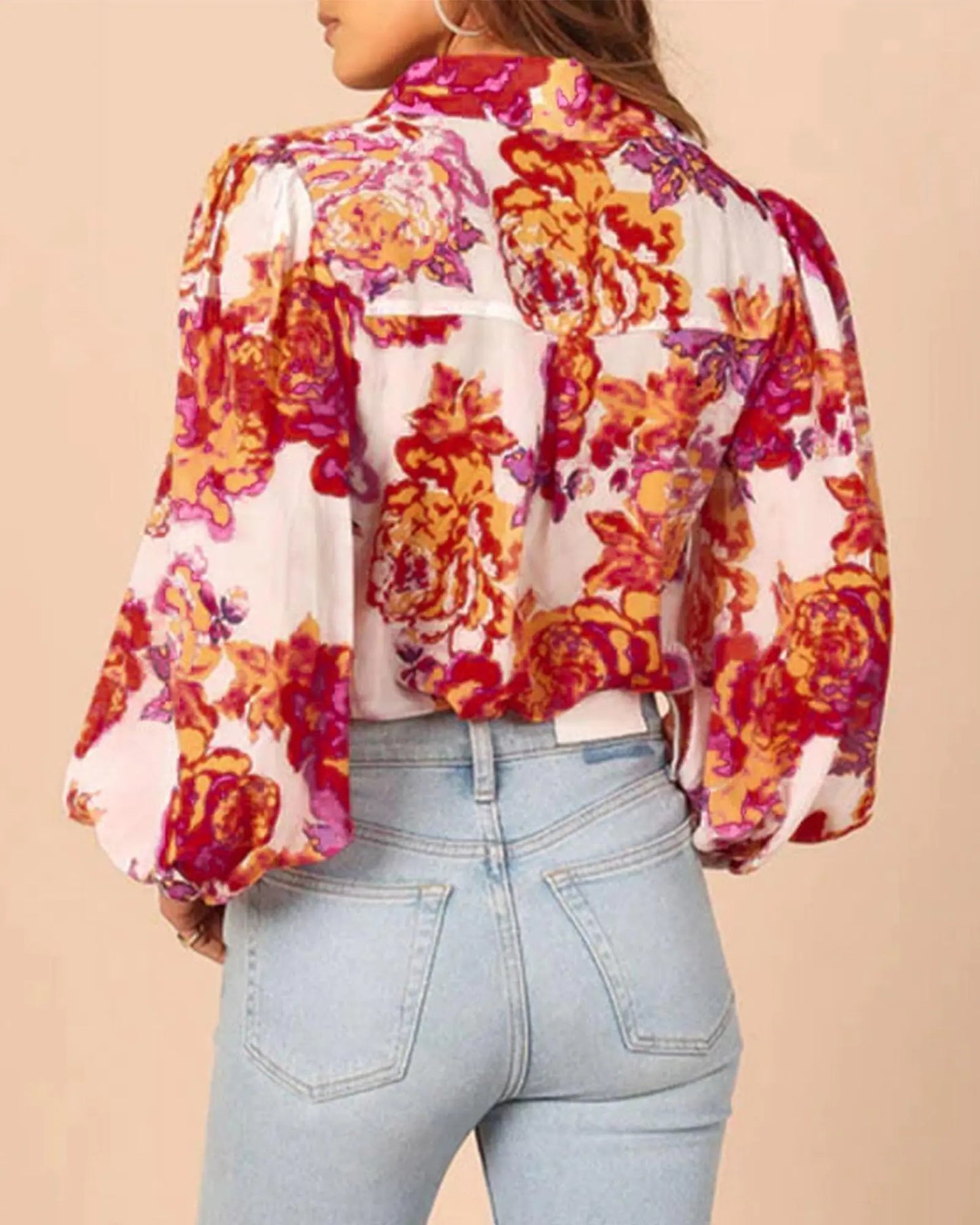 BTFBM Women Fashion Button Down Shirts Lapel V Neck Printed Solid Boho Long Sleeve Blouses Dressy Casual Summer Fall Top X-Large Floral White Red