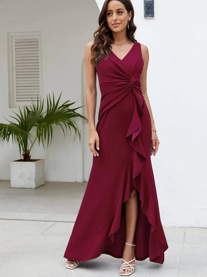 FQA Long Black Evening Gowns for Women Formal Dresses for Women Evening Party Elegant V Neck Sleeveless Split Wrap X-Large Winered